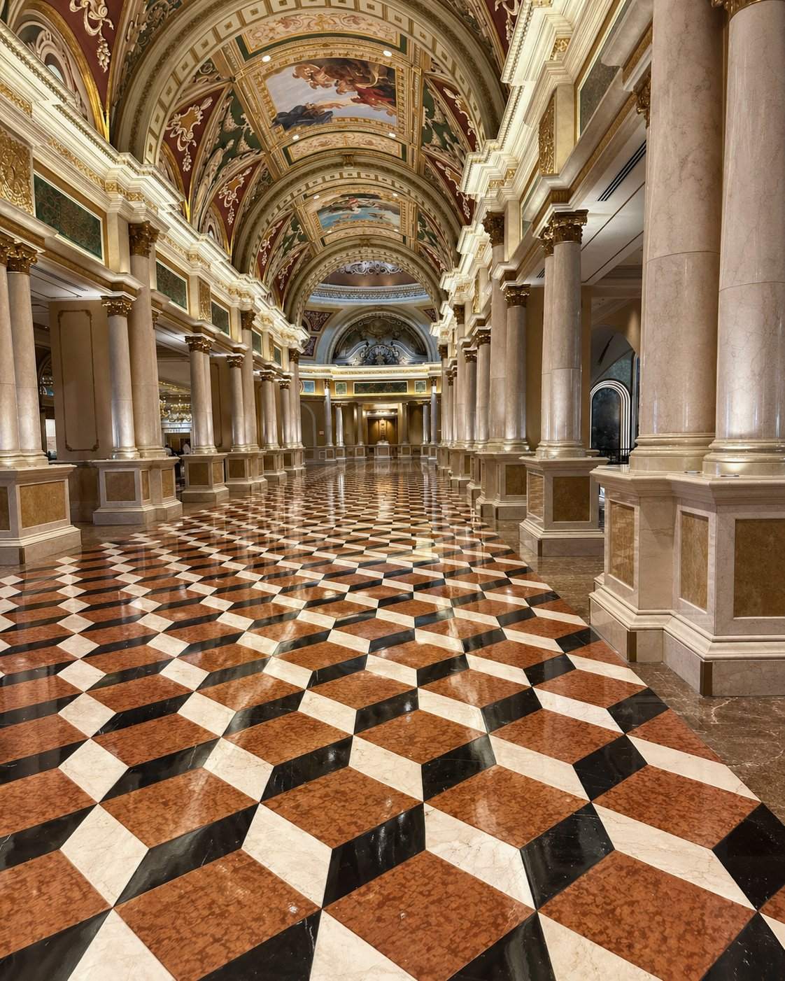 The lobby colonnade at The Venetian Resort Las Vegas, with hand-painted Renaissance fresco vaulted ceilings reproducing Italian masters' work, Corinthian marble columns, and the signature trompe l'oeil 3D cube marble floor pattern